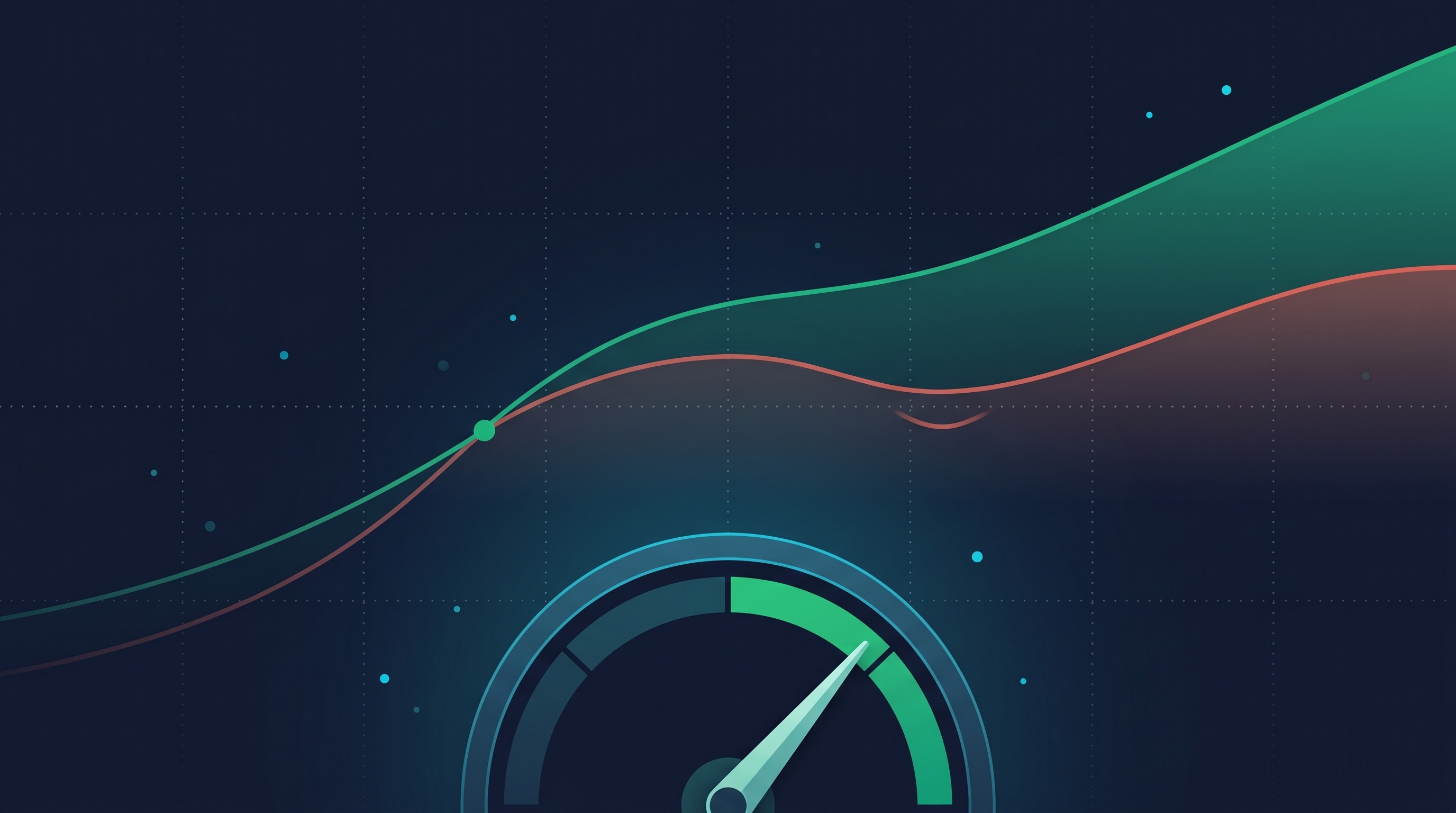 Two diverging trajectories with a trust-score gauge below: an emerald upper line representing the agency-managed path and a muted red lower line representing the self-managed path