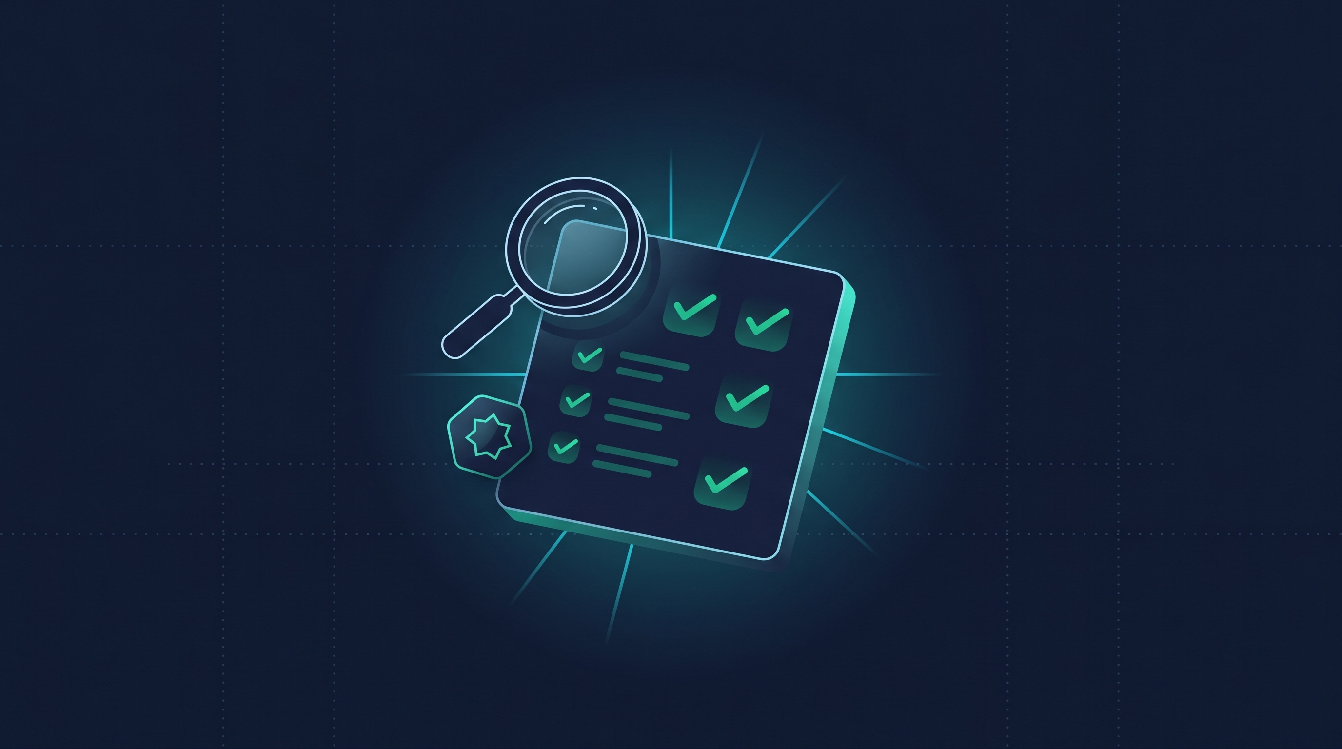A floating verification card with emerald checkmark rows, a magnifying glass overlapping its corner, and a partner-badge icon, signaling provider due diligence
